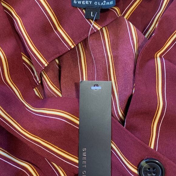 Sweet Claire Womens Size Large Button Front Dress Burgundy Striped Tie Waist NWT - Picture 4 of 7